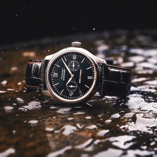 Waterdicht luxe herenhorloge op de steen onder de regen commercieel concept op maat waterbestendig ontwerp na verwerking generatief ai