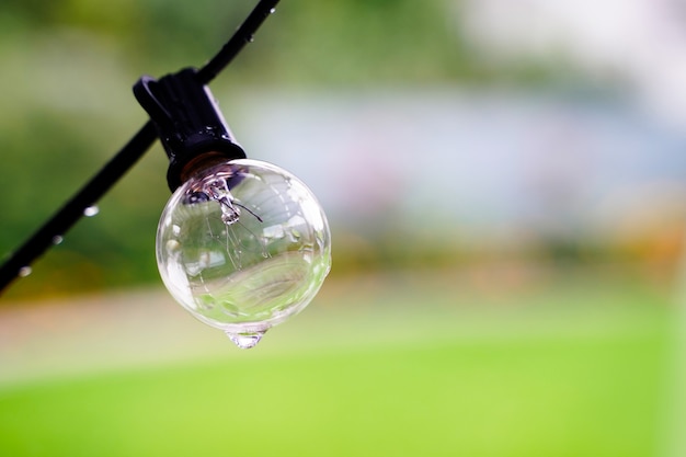 Waterdichte buitenlampen hangen nat van de regen op een natuurlijke achtergrond