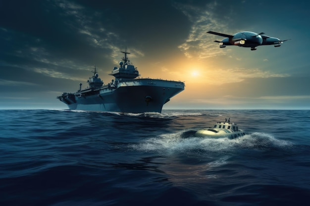 Waterdrone in de buurt van een groot militair schip