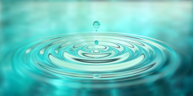 Waterdrop splash closeup on water surface 3d illustration