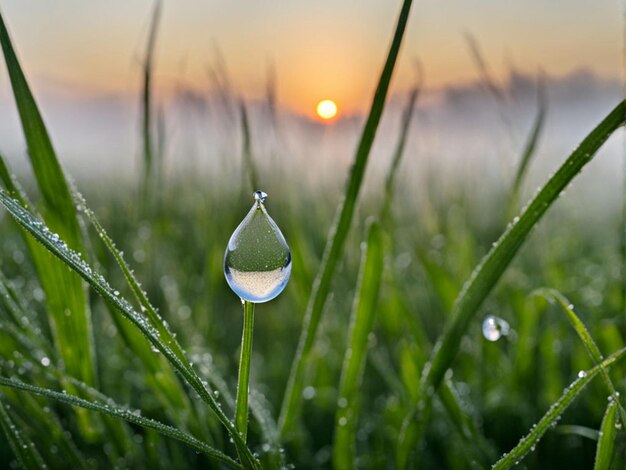 Foto waterdruppel op een grasblad met de zonsondergang op de achtergrond