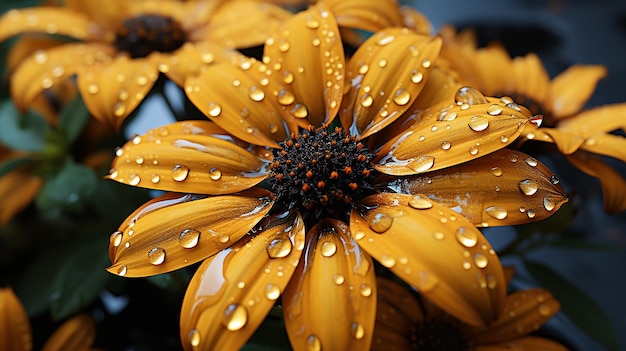 Waterdruppels op de gele bloem van Calendola