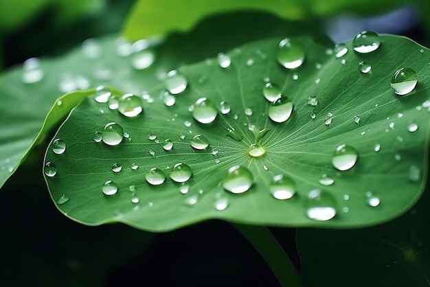 Waterdruppels op de groene bladeren van een lotusplant