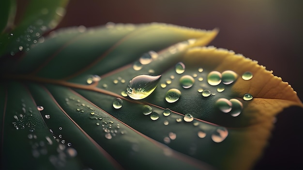 Waterdruppels op een blad waar licht op schijnt