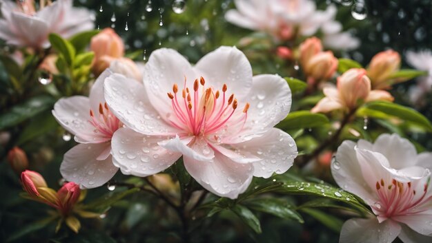 Waterdruppels op een prachtig kleurrijk azalea bloementuinen achtergrondontwerpbehang