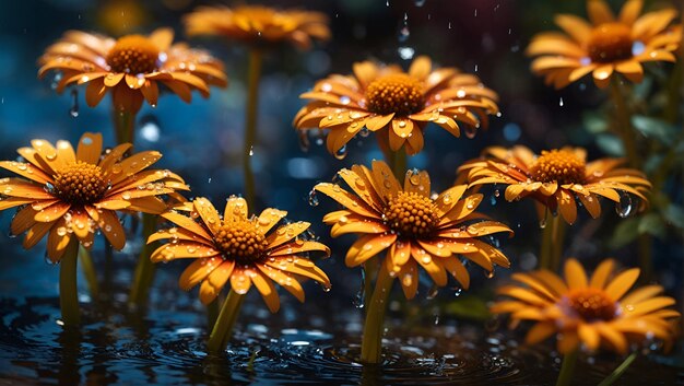 Waterdruppels op een prachtige kleurrijke daisy bloemen tuinen achtergrond ontwerp behang