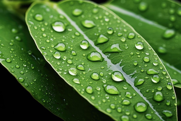 Waterdruppels op groen blad close-up Natuur achtergrond Een close-up opname van een groen blad versierd met dauwdruppels AI gegenereerd