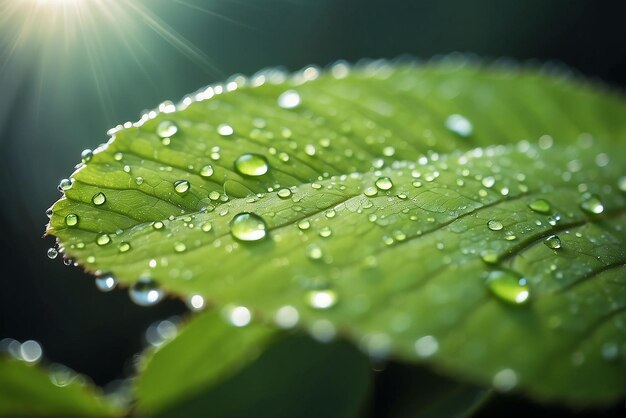 Waterdruppels op groen blad in de stralen van de zon close-up macro Regendruppels op gestructureerd blad in de natuur