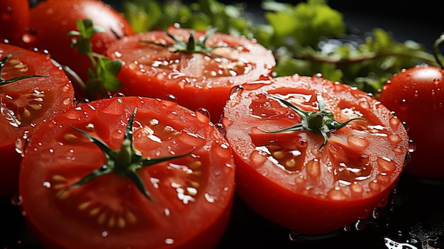 Waterdruppels op tomaat en tomatenplak