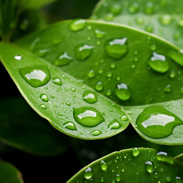Foto waterdruppels op verse groene bladeren close-up