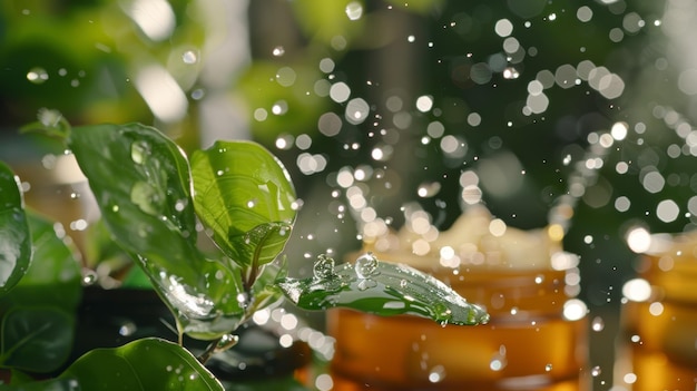Foto waterdruppels spetteren op verse groene bladeren met vervaagde amber glazen potten op de achtergrond voor biologische huidverzorging of wellness