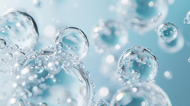 Waterdruppels watermoleculen en bubbels op blauwwitte achtergrond