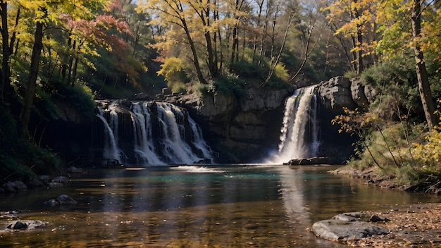 Waterfall in the autumn forest Mountain river landscape background wallpaper