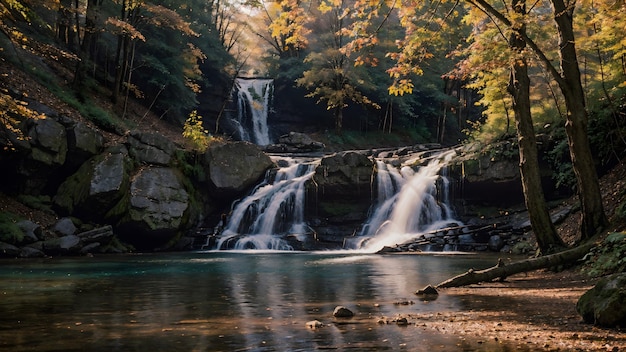 Waterfall in the autumn forest Mountain river landscape background wallpaper