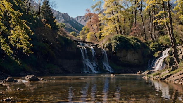 秋の森の山川の風景の背景の壁紙