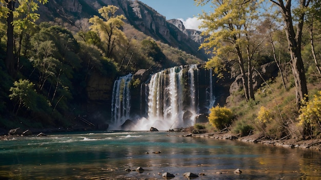 Waterfall in the autumn forest Mountain river landscape background wallpaper