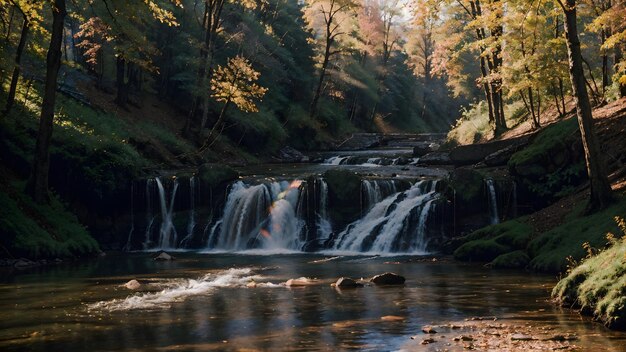 Waterfall in the autumn forest Mountain river landscape background wallpaper