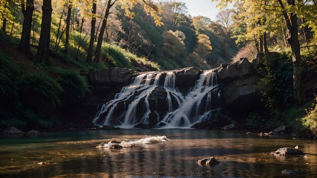 Waterfall in the autumn forest Mountain river landscape background wallpaper