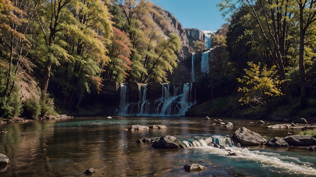 Waterfall in the autumn forest Mountain river landscape background wallpaper