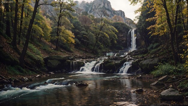 Waterfall in the autumn forest Mountain river landscape background wallpaper