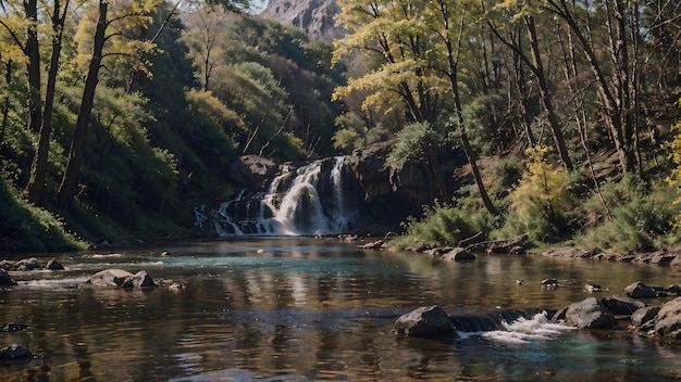 Waterfall in the autumn forest Mountain river landscape background wallpaper