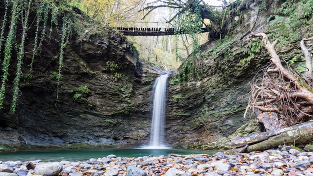 Waterfall Azhek, Hiking in forest of Sochi, Russia.