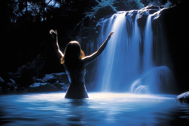 Waterfall bathed in the soft glow of moonlight silhouette of a bathing woman Generative AI