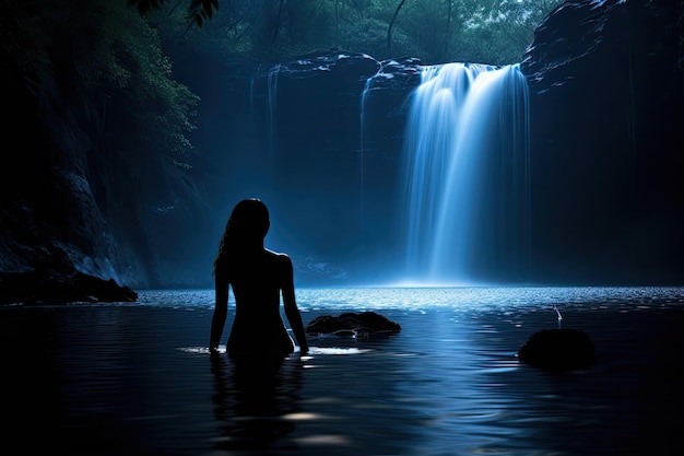 Waterfall bathed in the soft glow of moonlight silhouette of a bathing woman generative ai