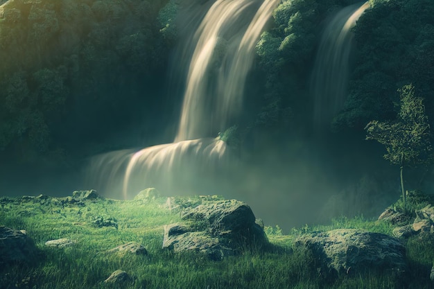 Waterfall beautiful scenery 3d render Raster illustration