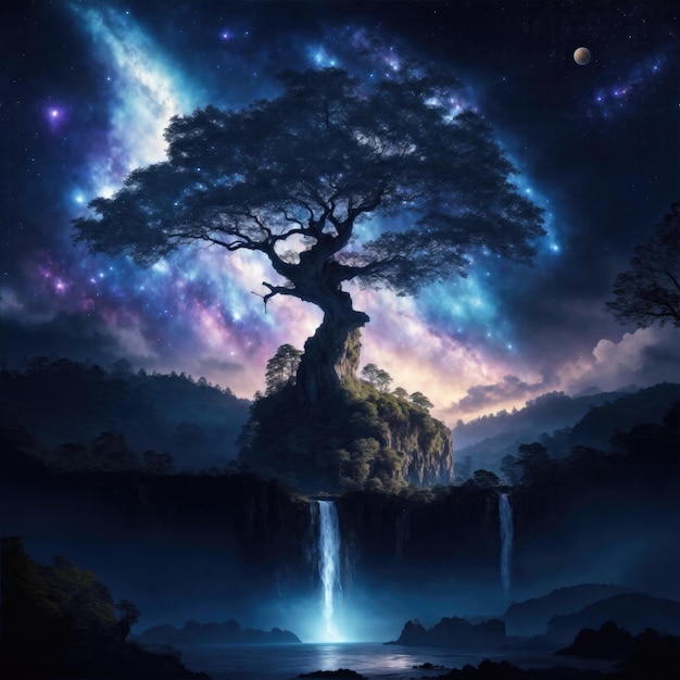 Водопад под большим деревом в небе галактики, драматическая атмосфера