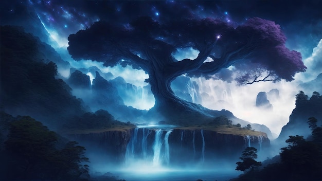 Waterfall under a big tree galaxy sky dramatic atmosphere