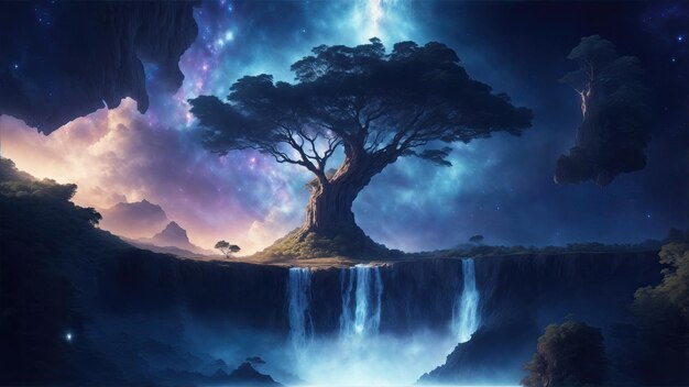 Waterfall under a big tree galaxy sky dramatic atmosphere