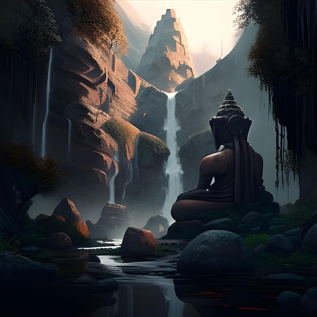 Waterfall Buddha Sitting Back Generative AI Buddhism Religion Illustration Nature and Faith Asian Oriental Way of Lifestyle