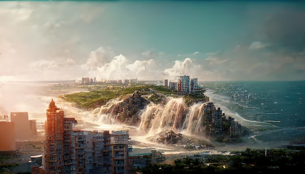 Waterfall buildings on the rocks Sea with blue water