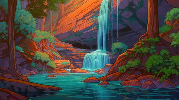 A waterfall in a canyon with a red background.