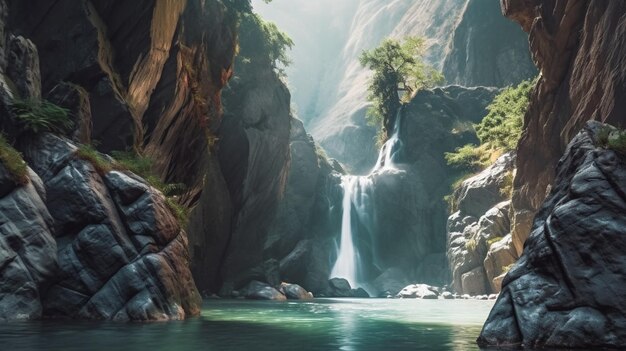 A waterfall in a canyon with a waterfall in the background