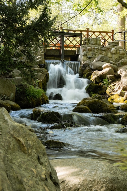 Waterfall cascade in Olivia public park Gdansk Poland River waterfall falls from cliff and trees Long exposure Tourist attraction with small waterfall and clear water