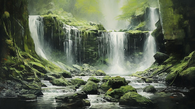 Waterfall cascades in a green forest Generative AI