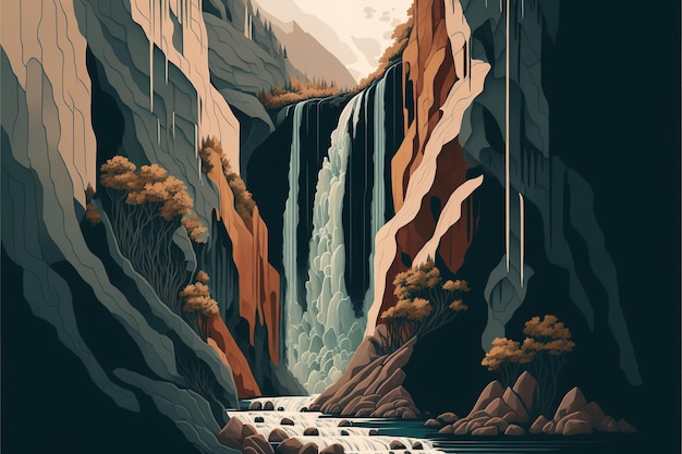 崖に流れ落ちる滝 フラットなデザインのイラスト 落ち着いた素朴な色 調和とバランス ジェネレーティブ AI