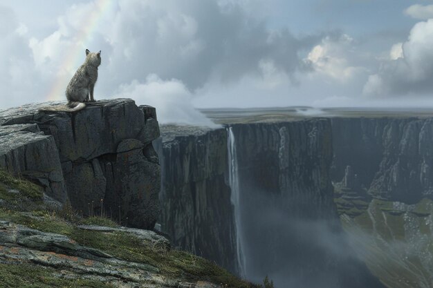 waterfall cascading down cliff towards the distant horizon with rainbow in the mist