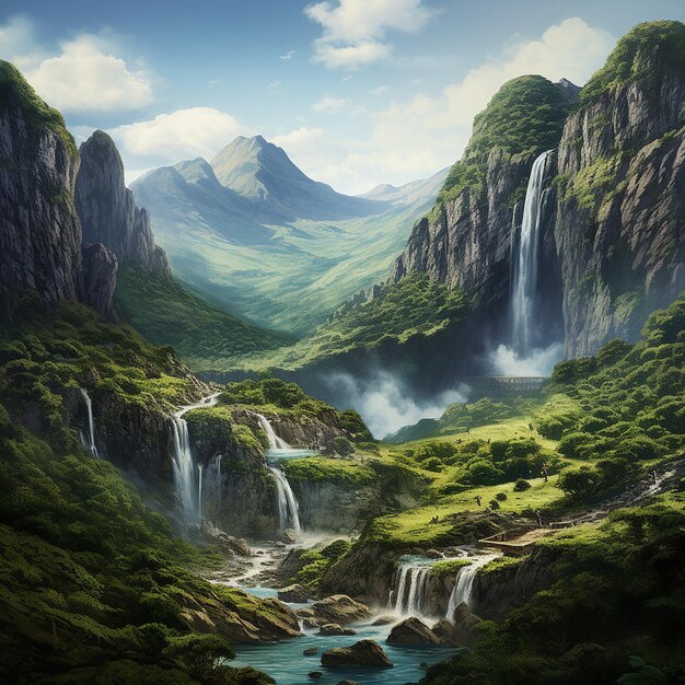 Photo a waterfall cascading down steep slopes in a green landscape