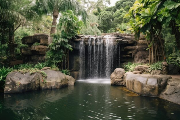 Waterfall cascading into serene pond surrounded by lush greenery