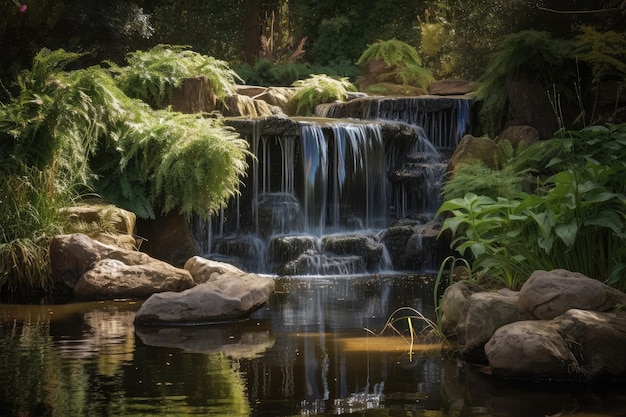 Waterfall cascading into tranquil pond