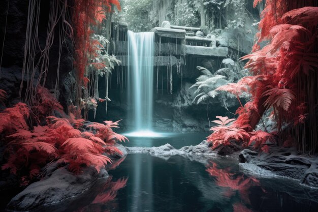 Photo a waterfall cascading through jungle foliage in infrared