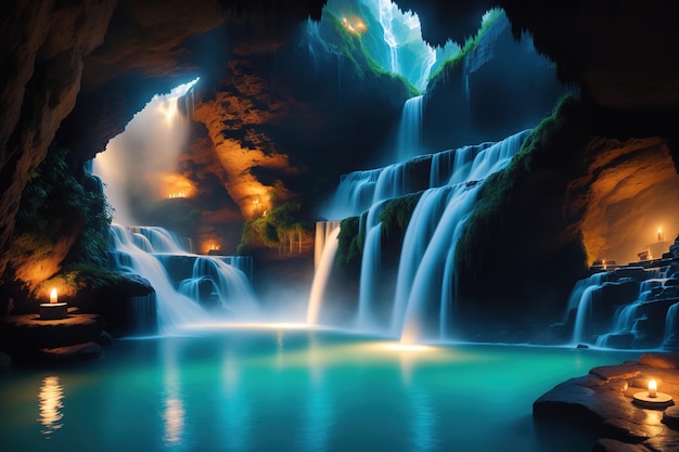 A waterfall in a cave with a blue light that is lit up.