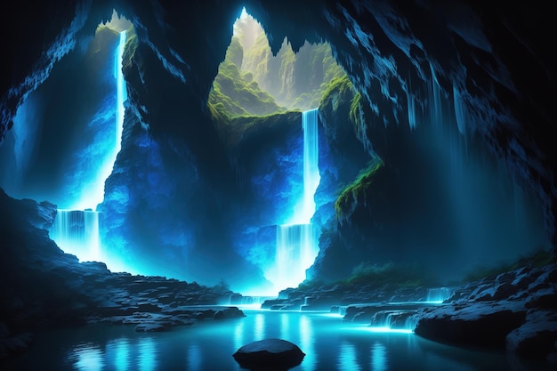 A waterfall in a cave with blue lights