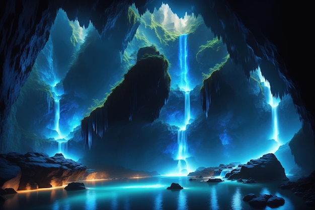 Водопад в пещере с голубым небом и зеленой горой на заднем плане