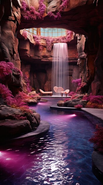 a waterfall in a cave with a heart shaped rock in the middle