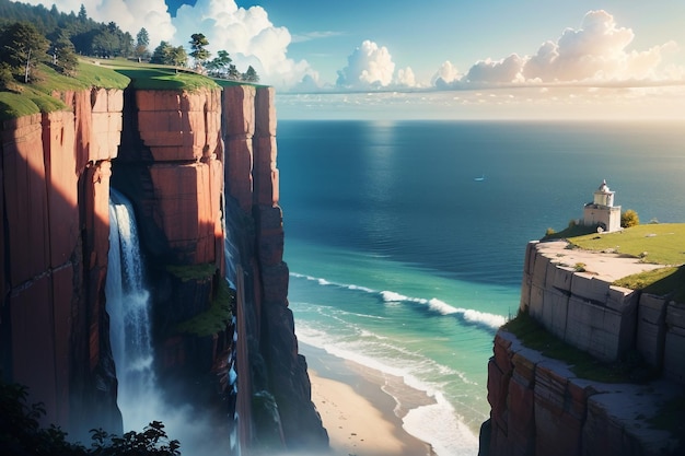 A waterfall on a cliff with a beach in the background