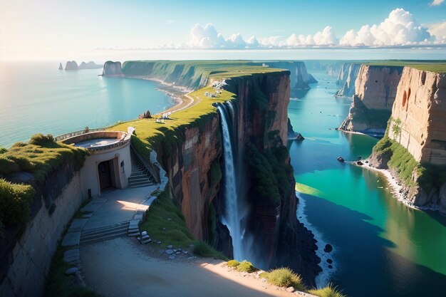 A waterfall on a cliff with a blue sky and clouds